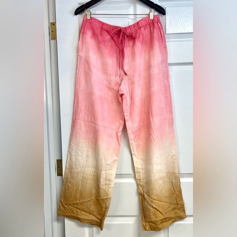 Zara Tie Dye Wide Leg Pants Linen Womens Size M Pink Rustic Hi Waist boho gypsy